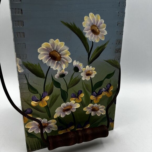 Vtg 90s Wood Flower Bucket Planter Daisy Pansies 11" Hand Painted Blue Green - Picture 7 of 7